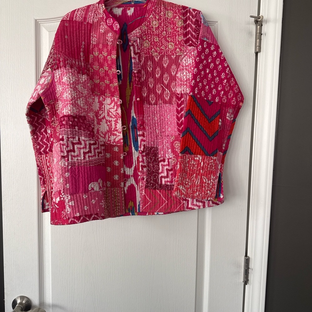 Pink Patchwork Pattern Cropped Blazer - Picture 2 of 2